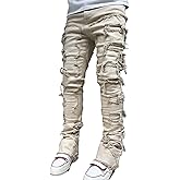 Kodaruber Mens Stacked Jeans Slim Fit Ripped Skinny Stretch Jeans Distressed Straight Denim Pants Hip Hop Trousers Streetwear