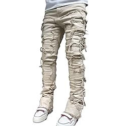 Kodaruber Mens Stacked Jeans Slim Fit Ripped Skinny