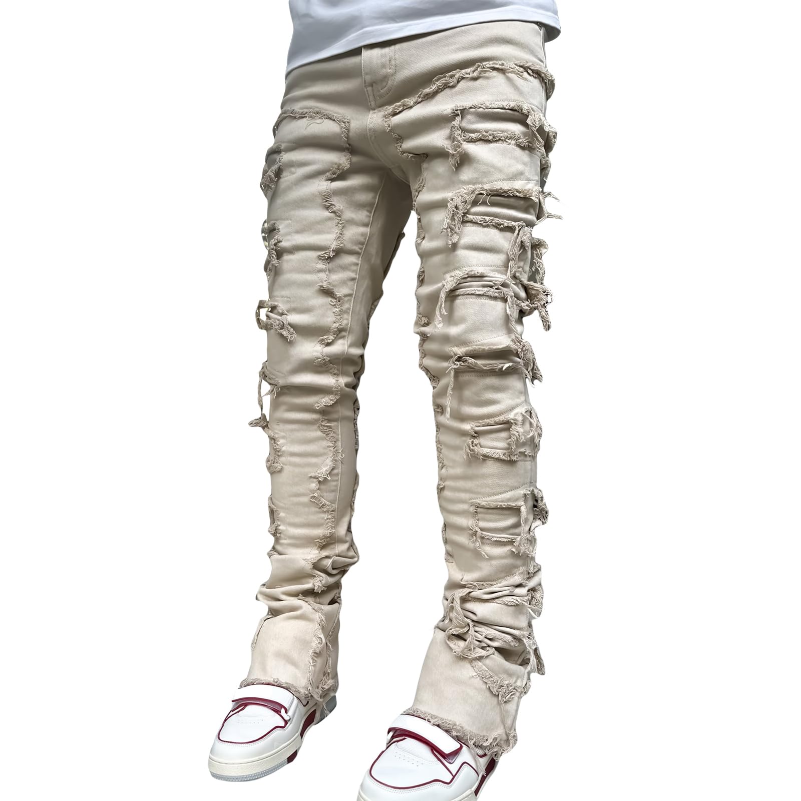 Kodaruber Mens Stacked Jeans Slim Fit Ripped Skinny