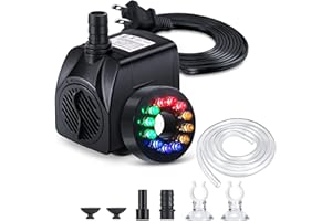 CWKJ Fountain Pump with LED Lights, 220GPH(15W 900L/H) Submersible Water Pump, Durable Outdoor Fountain Water Pump with 6.5ft Tubing (ID x 1/3-Inch), 3 Nozzles for Aquarium, Pond, Fish Tank Black