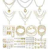 CONGYING 120PCS Gold Jewelry Sets For Women, With 7 Necklace,12 Bracelet,30pcs Hoop Earring,59pcs stud earrings and 12pcs cuff Ear Earrings Friendship for Happy Gifts