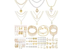 CONGYING 120PCS Gold Jewelry Sets For Women, With 7 Necklace,12 Bracelet,30pcs Hoop Earring,59pcs stud earrings and 12pcs cuff Ear Earrings Friendship for Happy Gifts