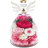 Birthday Gifts for Women Preserved Flowers in Glass Angel Figurines Forever Fresh Flowers for Delivery Prime Preserved Rose Gifts for Her Real Pink Rose for Mom Wife Sister Grandma on Anniversary 
