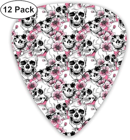 Amazon ギターアクセサリ 頭蓋骨の花ピンクチェリー ギターピック 12枚セット ピック 様々な厚さ カラフル 収納ボックス付 ギターピック 楽器