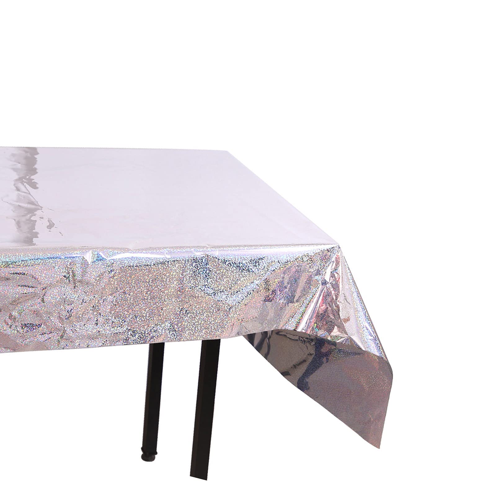 JK Home 39x106 Inch Table Cloth, 1x2.7m Disposable Plastic Party Table Cover, Metallic Foil Rectangle Tablecloth for Indoor Outdoor Table Dot Silver