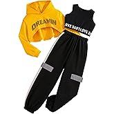 LuxyBear Girls Graphic 3 Piece Outfits Workout Hoodie Crop Tank and Sweatpants Hip Hop Dance Set