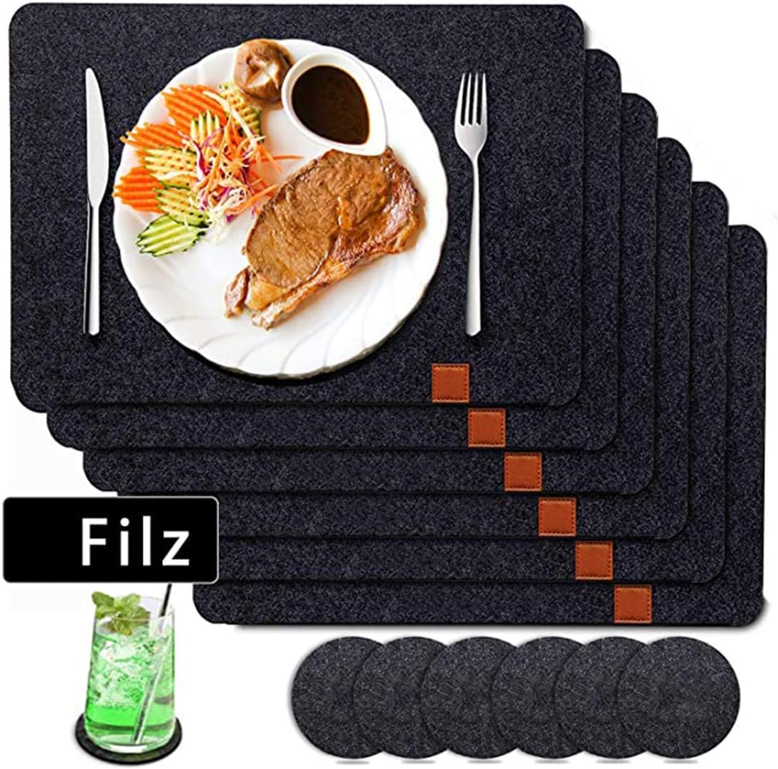 O-Kinee Platzset Abwischbar Aus Filz | 12er Set-6 Tischset Abwaschbar, Filzuntersetzer | Platzdeckchen Abwaschbar | Tischuntersetzer Filzmatte Set Anthrazitfarbe