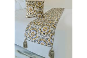 The HomeCentric King/Queen/Twin Grey Decorative King 90"x18" Bed Runner with Pillow Cover, Quilted, Damask & Tassels Bed Scarf on Jacquard Fabric - Damask Blaze