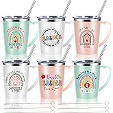 Maxcheck 6 Pcs Christmas Teacher Appreciation Gifts Mugs Bulk 16oz Thank You Teacher Stainless Steel Tumblers Inspirational Boho Insulated Coffee Cups with Handle Lids Straw for Women Birthday Gifts