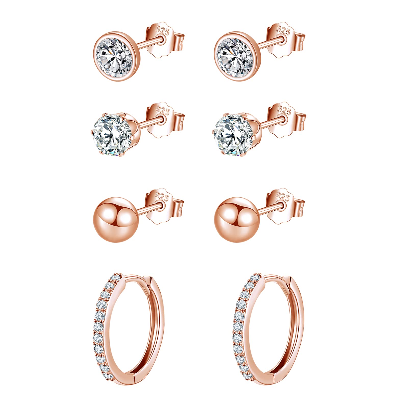 wynn's Rose Gold Earrings for Women, 925 Sterling Silver Stud Earrings, Cubic Zirconia Small Sleepers Studs Hoops Earrings, 4mm Stud Earrings + 12mm Hoop Earrings, Rose Gold Earrrings set