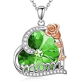 OCJ Birthstone Heart Necklace 925 Sterling Silver Rose Flower Pendant Necklaces Jewelry Gifts for Mom Women Mother Grandma Birthday Christmas Gift for Mom