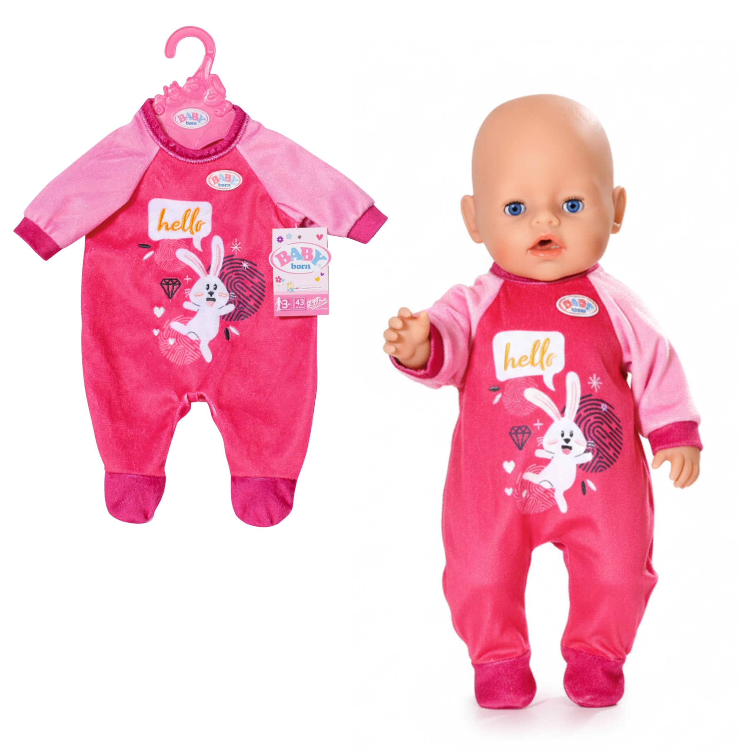 BABY born Romper in Pink Bunny Design - Incl. Doll Clothes Hanger - Premium doll clothing - Doll accessories for all dolls of size 43 cm
