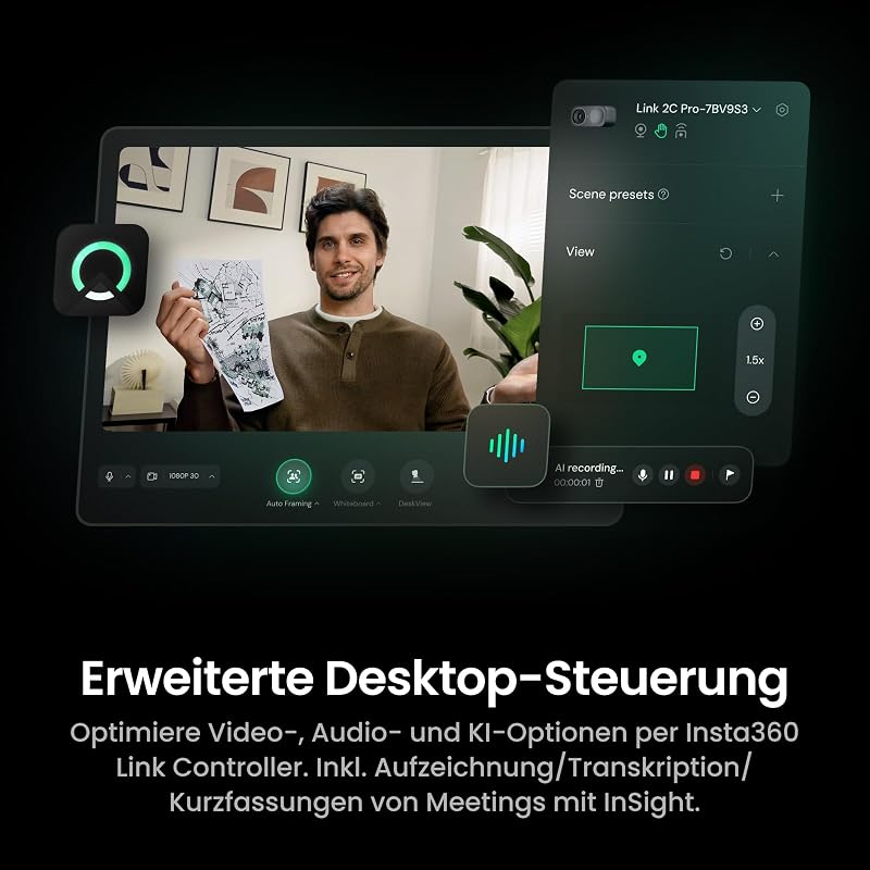 Link 2C Pro Auf Geht's-Bundle – 4K PTZ-Webcam für PC/Mac, 1/1,3"-Sensor, Schwachlicht, Auto-Framing, HDR, rauschunterdrückende Richtmikrofone, unterstützt Stream Deck, Zoom