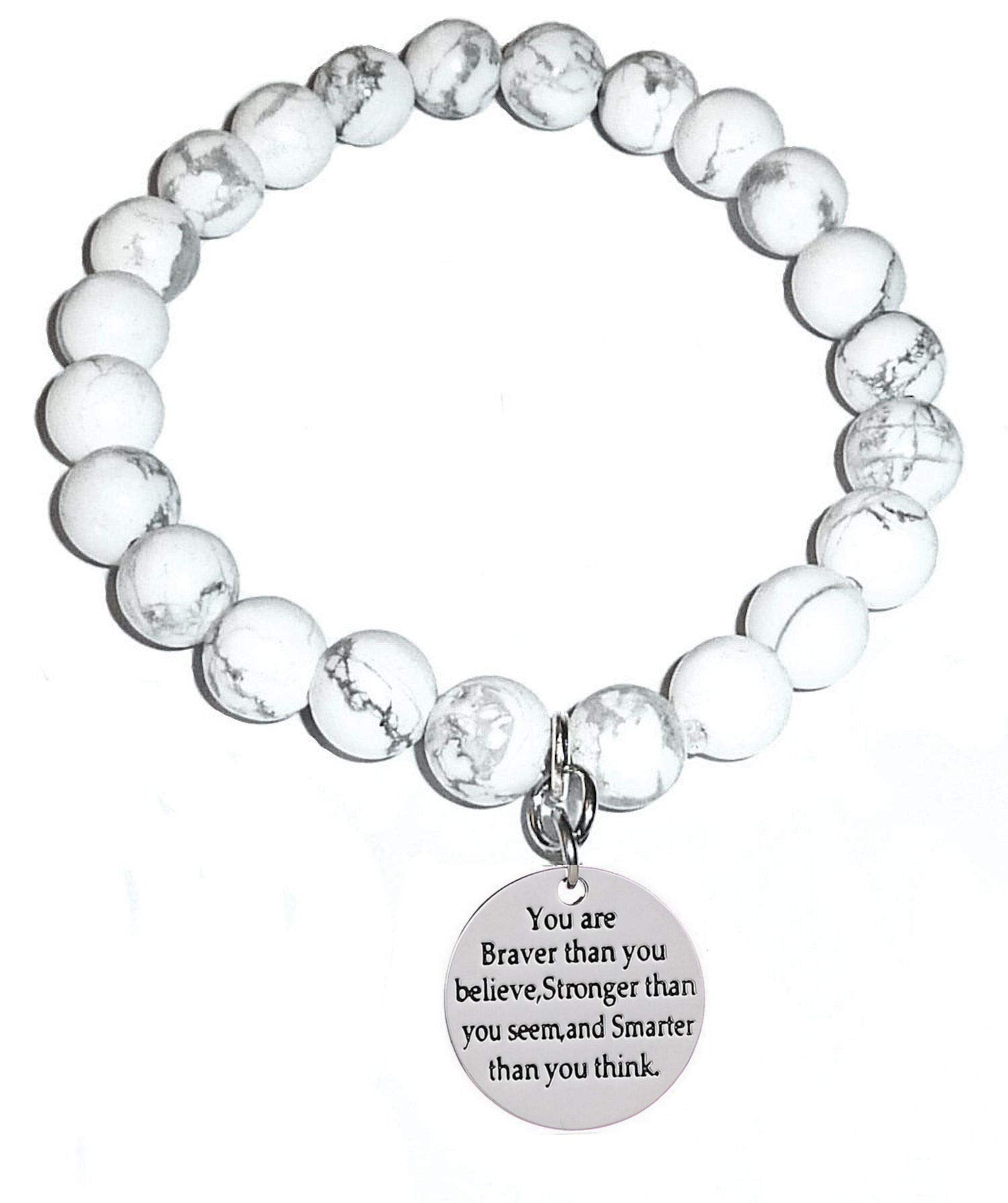 Hidden Hollow Beads Howlite Natural White Stone Women's Stretch Beaded Bracelet, Inspirational Message Charm, Stretch - Will fit most wrists., Stone