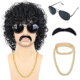Bettecos 80s Short Black Curly Wig for Men with Mustache Glasses and Chain 70s Mullet Wig with Curl for Rocker Halloween Costume Cosplay