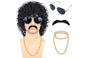 Bettecos 80s Short Black Curly Wig for Men with Mustache Glasses and Chain 70s Mullet Wig with Curl for Rocker Halloween Costume Cosplay