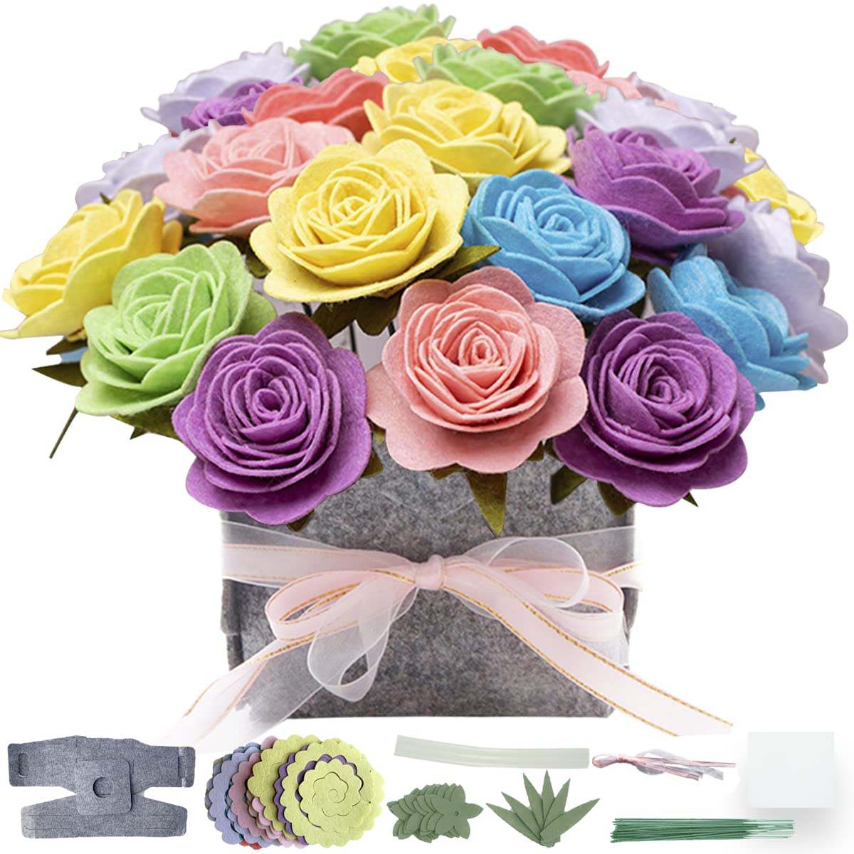 DIY Felt Flower Art Craft Kit, DIY Colorful Roses Pot Bonsai Kit,20 Roses,Beginner Craft Kit,Floral Gifts,Arrange Pre-Cut Felt Flowers and Foliage