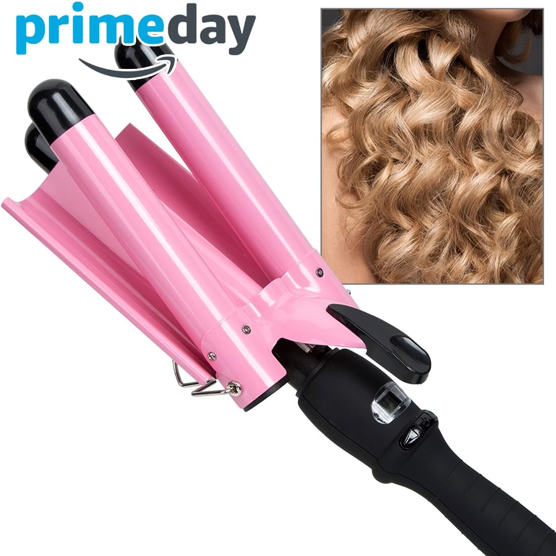 Hair Curling Iron, 25mm Portable Temperature Adjustable 3 Barrels Hair Curling Tongs Curler Iron With LCD Display Pink