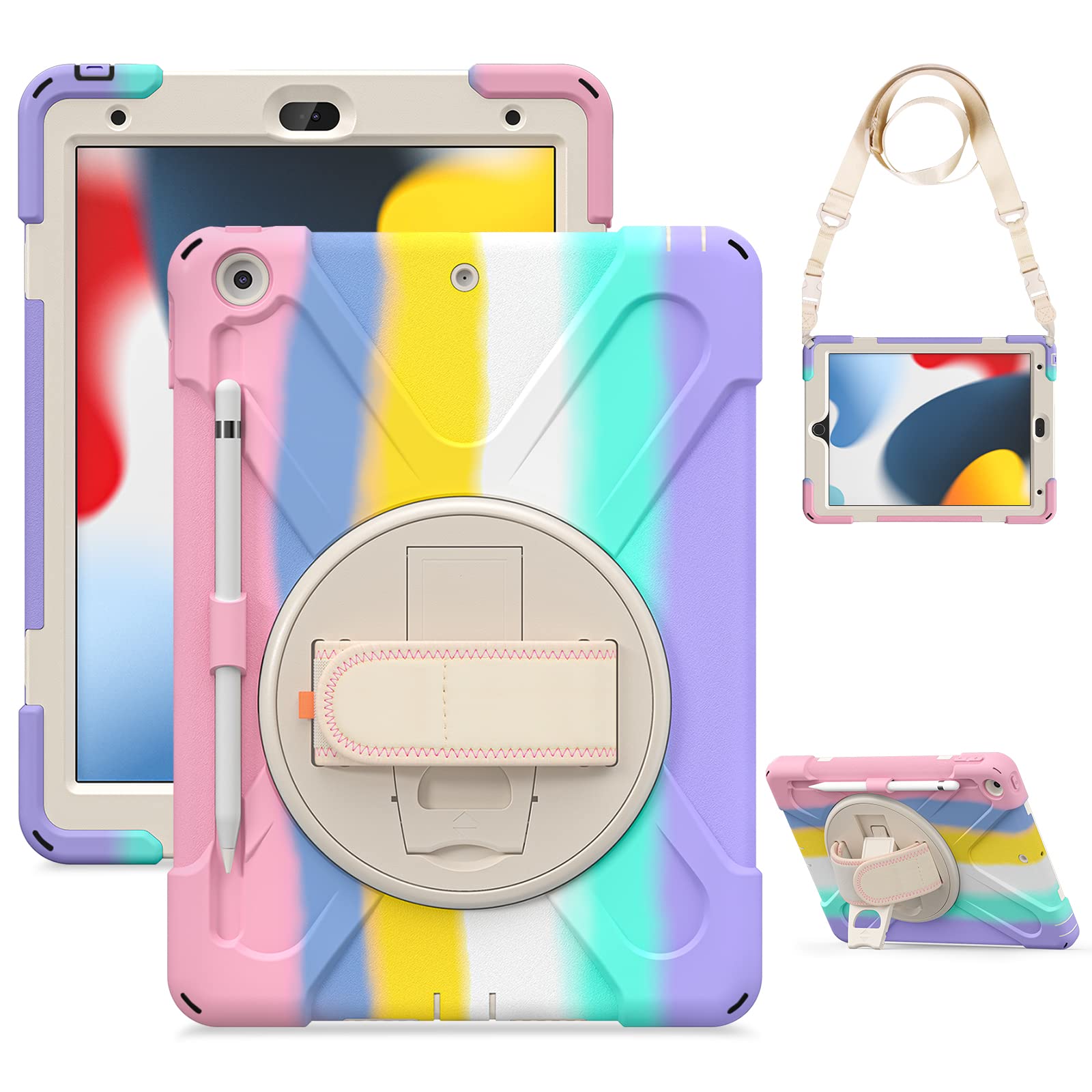 Gerutek for iPad 10.2 Case 2021/2020/2019 Shockproof, iPad 9th/8th/7th Generation Case Heavy duty with 360 Rotating Stand/Hand Strap & Shoulder Strap Protective Case for apple 10.2, Pink