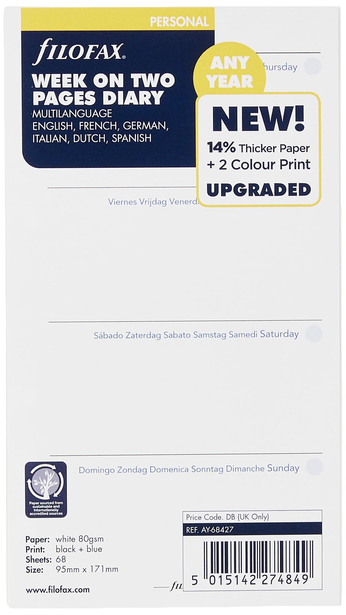 Filofax Personal Week to View Any Year undated Diary,white