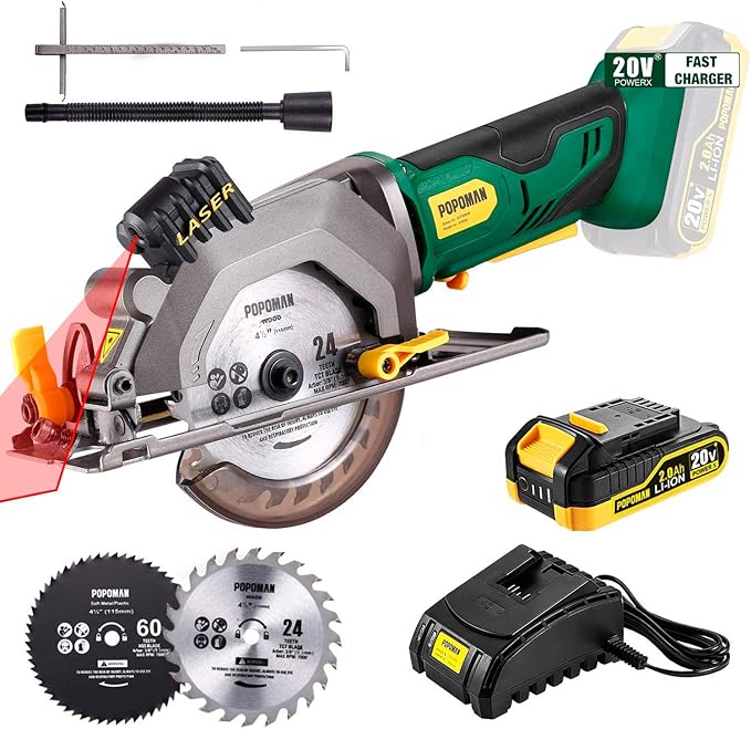 POPOMAN Cordless Circular Saw, 41/2" Saw with Laser Guide, 20V 2.0Ah