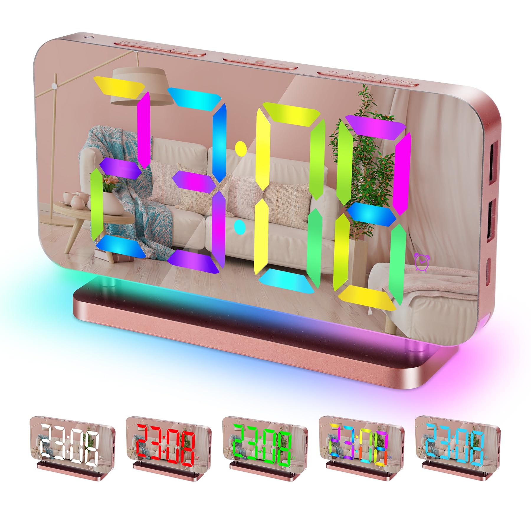 Sukeen Alarm Clock, 7.4" LED Digital Clock, Mirror Clock with 11 Colors Time Display, 10 Modes RGB Night Light, USB C Charger Port,Volume, Brightness, Bedside Clock for Bedroom Home Decor-Rose Gold