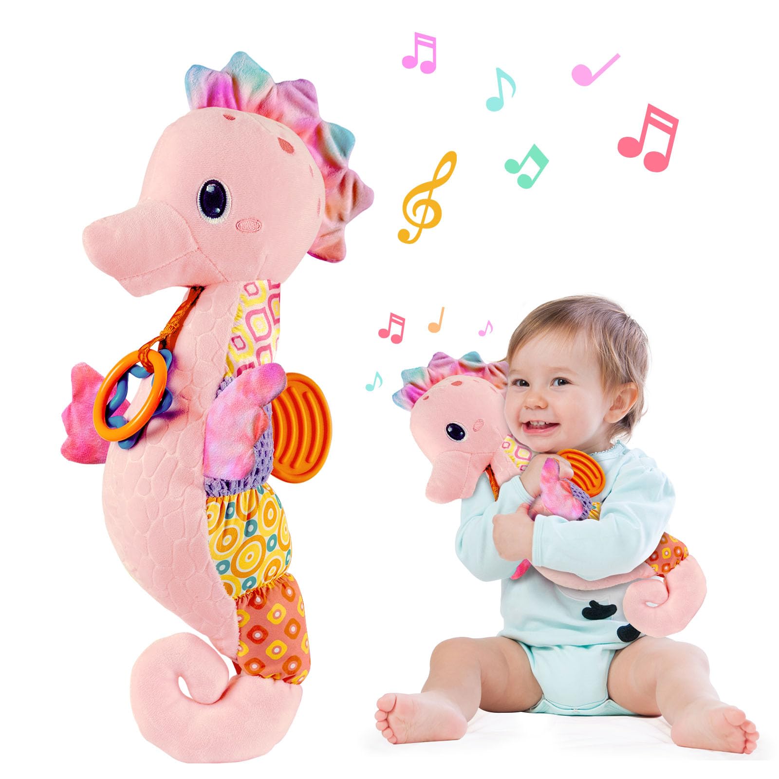 Baby Girl Toys 0-6 Months,Infant Musical Stuffed Animals Soft Toy with Bright Colors,Crinkle Sound Paper, Multi-Textures & Rattles,Baby Newborn Toys for 0 3 6 9 12 Months Boy/Girls(Pink)