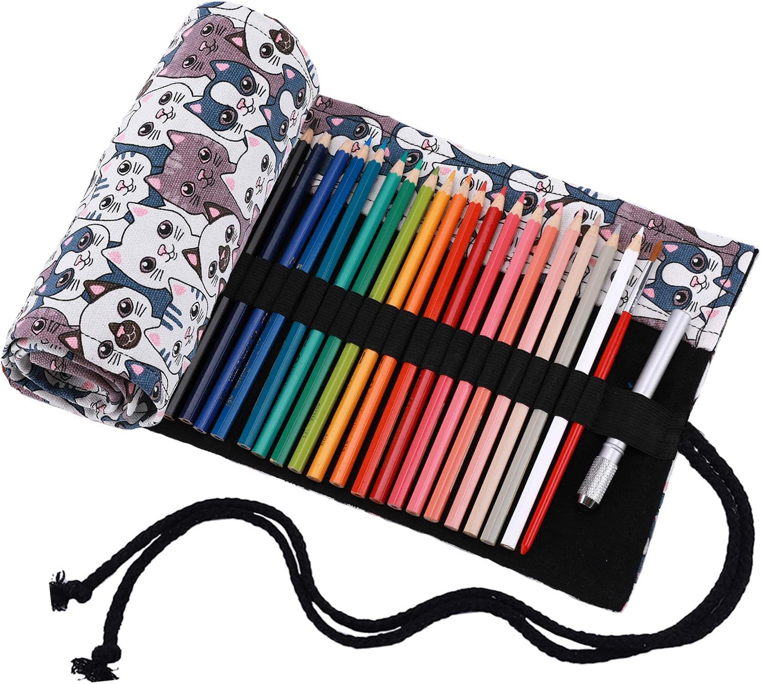 Amoyie Roll Up Pencil Case for 36 Coloured Pencils, Foldable Colouring Pen Organiser Bag, Canvas Coloring Pens Holder, Artist Wrap, Cat