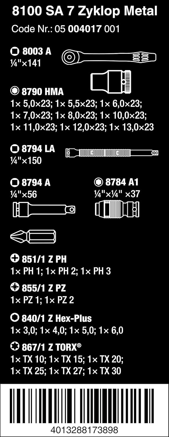 Wera 05004017001 8100 SA 7 Zyklop Metal Ratchet Set including Push-Through Square, 1/4" Drive, Metric, 28 Pieces - Image 3