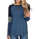 Hilltichu Womens Color Block Round Neck Tunic Tops Casual Long Sleeve Shirt Blouse