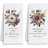 IRTAGANNY Vintage Floral Christian Kitchen Towels, Christian Faith Gifts Dish Tea Towels for Kitchen, Lamentations 3:23 Bible Verse Decorative Hand Towel for Bathroom, 16x24 Inch Set of 2