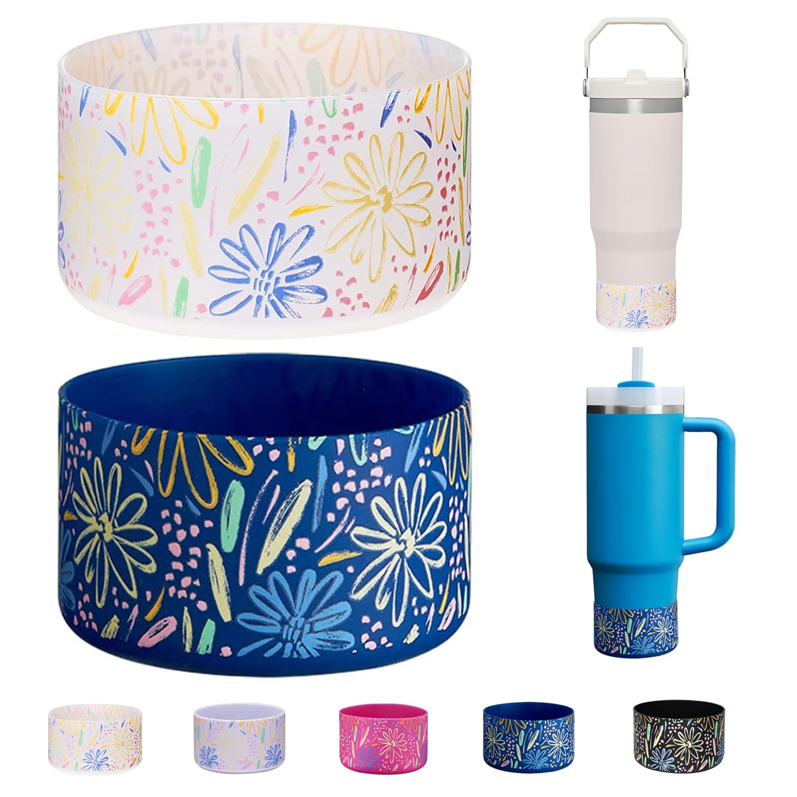 WK IEASON 2 Pcs Tumbler Bottom Protector Boot for Stanley Quencher Adventure 40oz & Stanley IceFlow 20oz 30oz and Compatible with Hydro Flask Water Bottle 12oz 21oz 24oz(Transparent/Blue Flower) — image 1