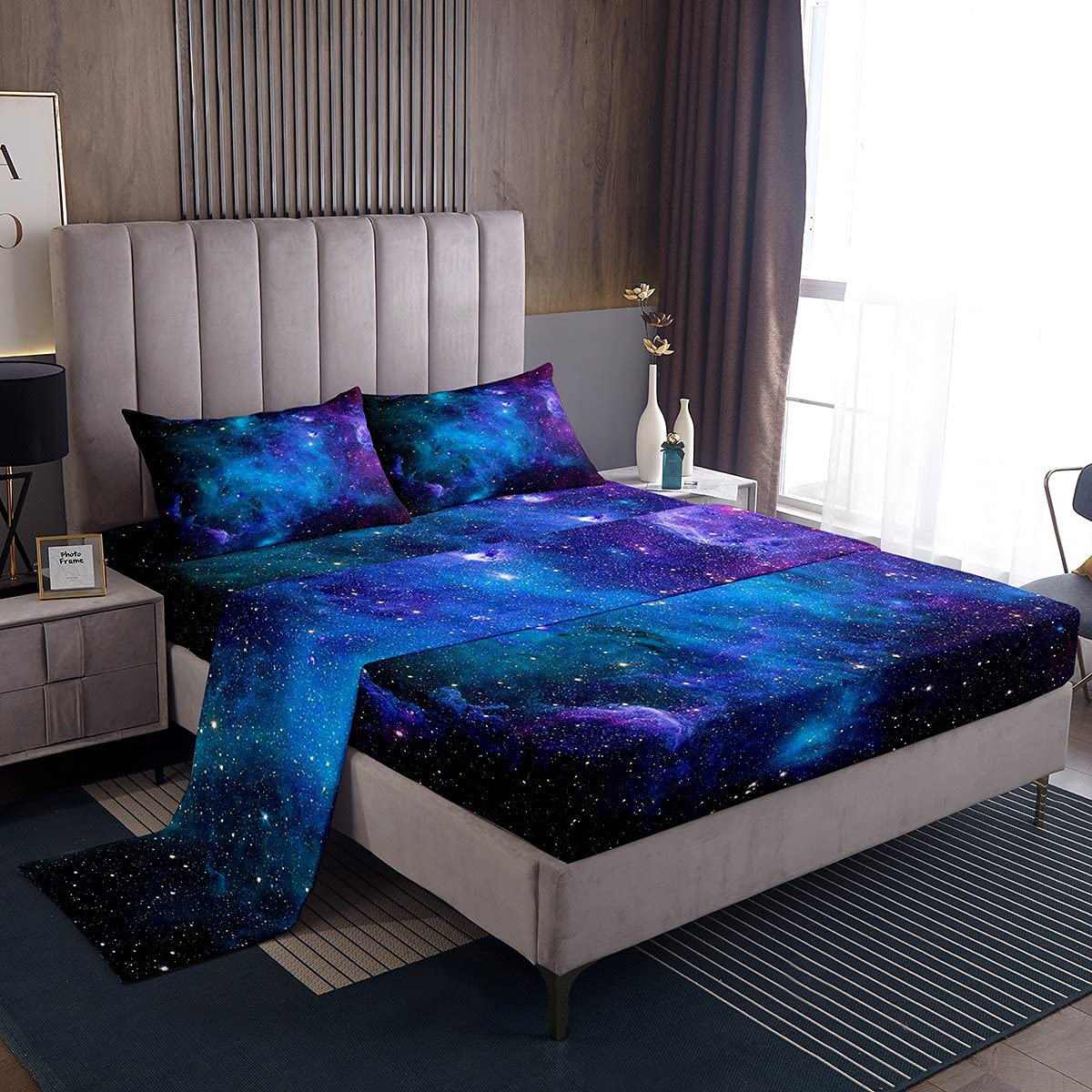 Loussiesd Galaxy Sheet Set Single Size Out Space Bedding Blue Nebula Universe 100% Microfiber Deep Pockets Bed Sheets 3 Pcs - 1 Falt& 1 Fitted Sheets with 1 Pillow Shams