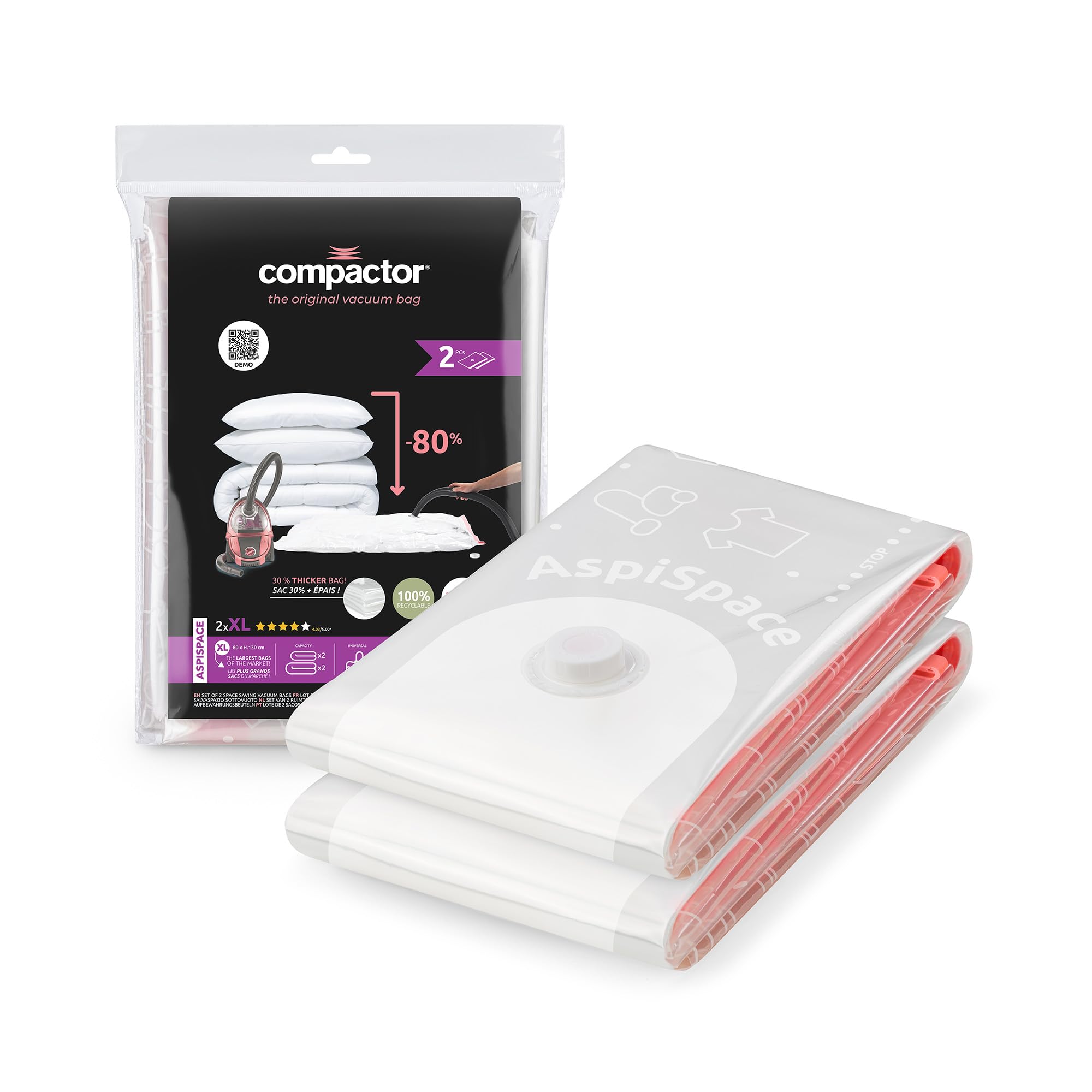Compactor Aspispace XL Vacuum Compression Bags - Set of 2, Transparent - 80X130 cm, Reusable, Efficient and Durable, Saves up to 80 Percent Space