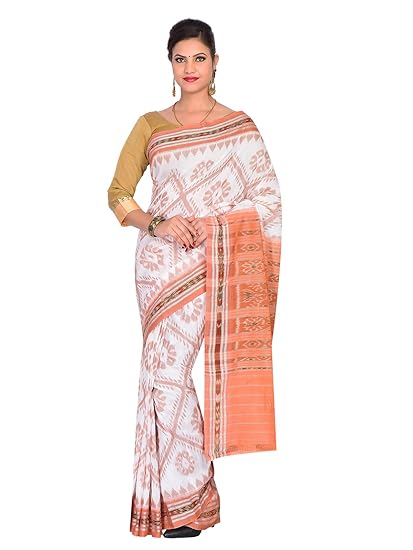 ODISHA HANDLOOM Womens Cotton Sambalpuri Ikat Saree (White)