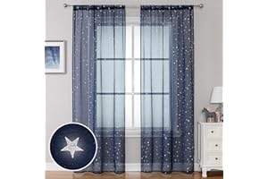 WUBODTI Navy Blue Voile Curtains 84 Inches Long 2 Panels, Rod Pocket Semi Sheer Kids Curtain for Boys Bedroom Living Room,Galaxy Starry Tulle Window Treatments Star Wars Room Decor