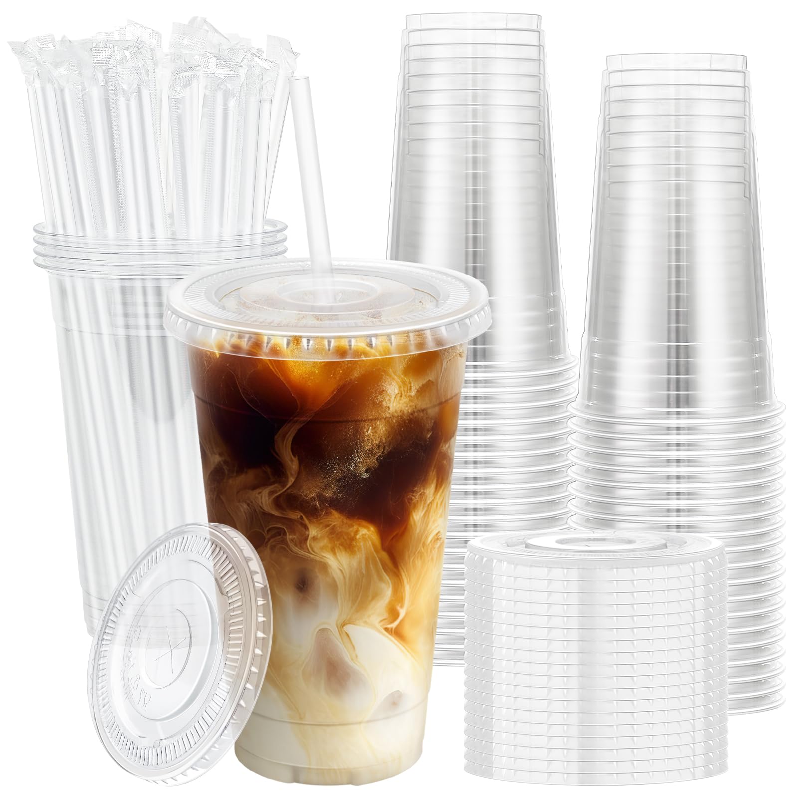 Photo 1 of Lamosi 100 Pack 20 oz Clear Plastic Cups with Lids and Straws, Disposable Iced Coffee Cups with Lids for To-Go Cold Drinks, Smoothies and Slushie