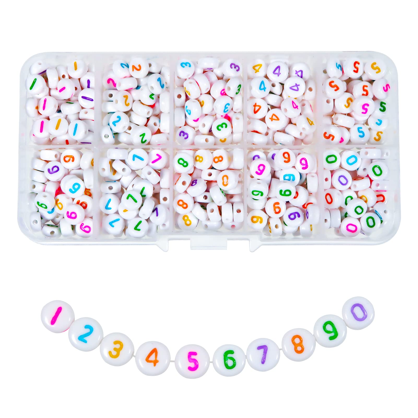 TOAOB 500 Pieces 4 x 7 mm White Arabic Numerals Round Acrylic Beads with Colourful Number Symbol 0 to 9 Spacer Beads for Jewellery Making