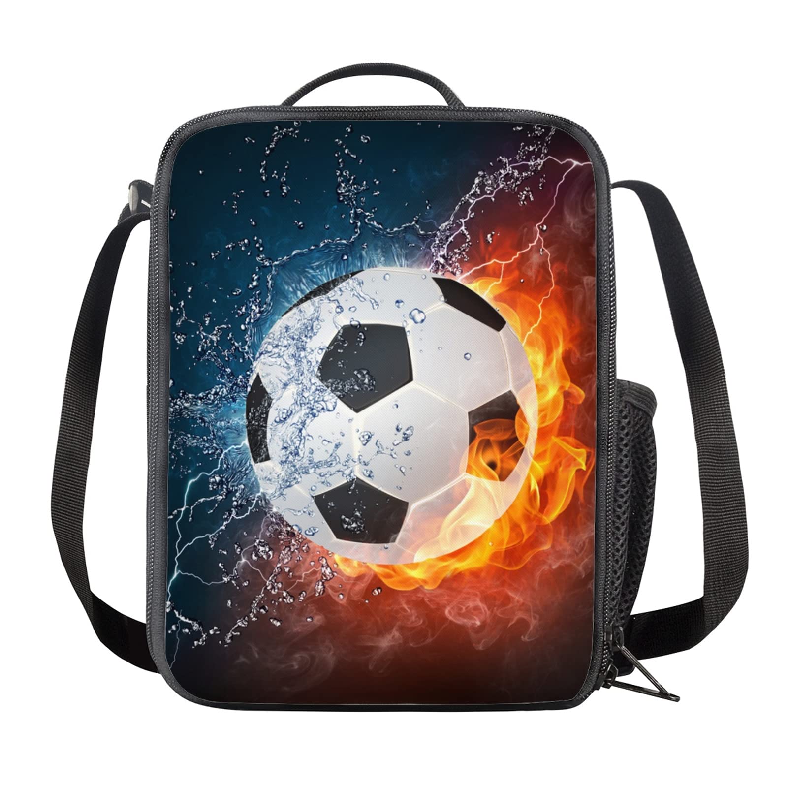 Kuiaobaty 3D Fire Soccer Lunch Bag for Kids Boys, Football Printed Meal Tote Cooler Bag,Children Thermal Lunch Box