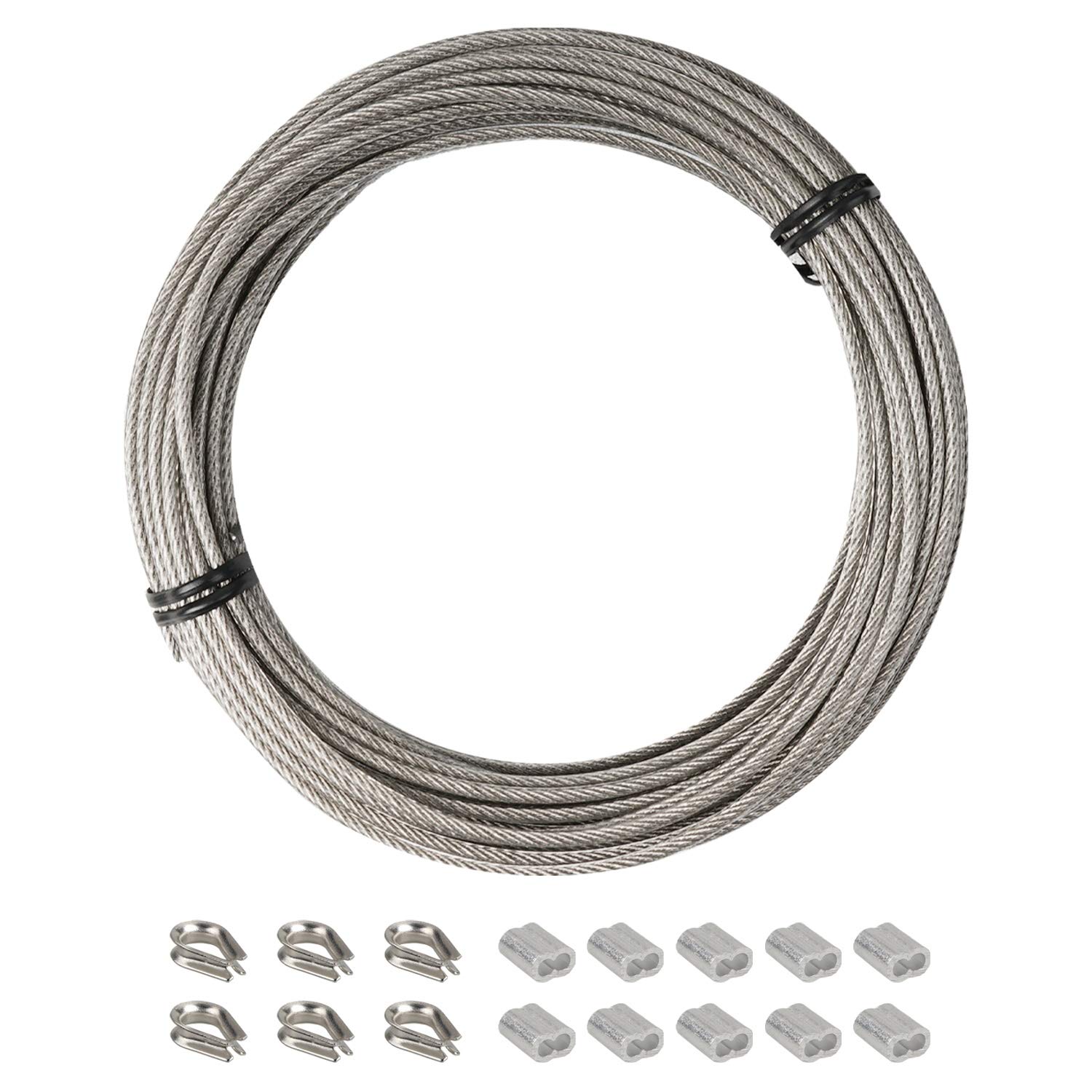 YEYIT 17Pcs Cable Rope Kit 10M Heavy-duty 304 Stainless Steel PVC Coated Steel Wire Rope, Aluminum Crimp Sleeve and Thimble, Outdoor String Lamp Light Suspension, Gardening cord, Railing Decoration