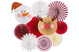 SUNBEAUTY 12Pcs Christmas Party Decorations Christmas Classroom Decorations Hanging Paper Fans with Reindeer Snowman for Xmas Holiday Ceilings Wall Decor Winter New Year