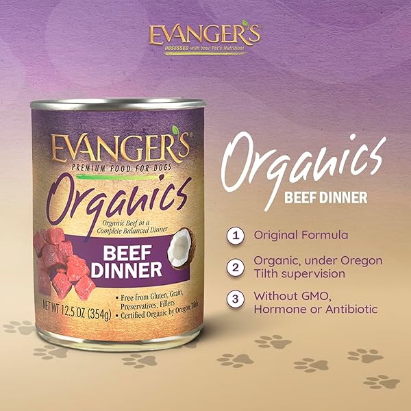 EVANGER’S ORGANICS BEEF DINNER FOR DOGS – 12 COUNT, 12.5 OZ EACH – QUALIFIED ORGANIC, GRAIN FREE, GMO FREE – NUTRIENT-DENSE RECIPE WITH ORGANIC VEGETABLES – WET DOG FOOD