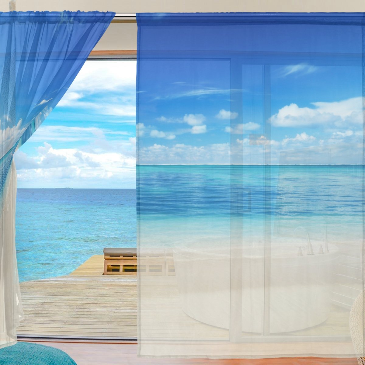 Sheer Voile Rideau De Fenetre Mouette Mer Plage Paysage Soleil