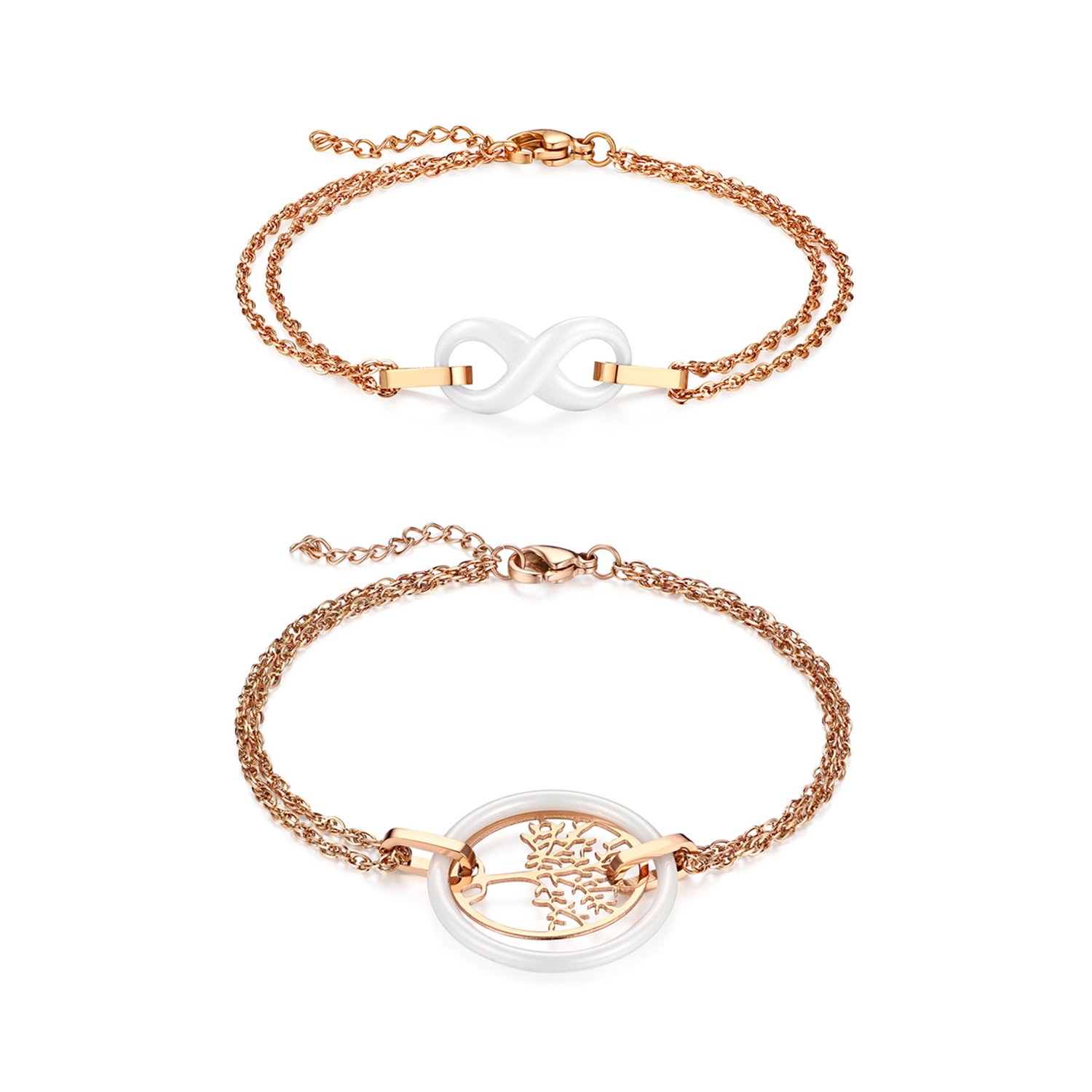 Cupimatch White Ceramic Infinity Symbol Tree of Life Adjustable Wrist Link Bracelet Charm Chain 8"