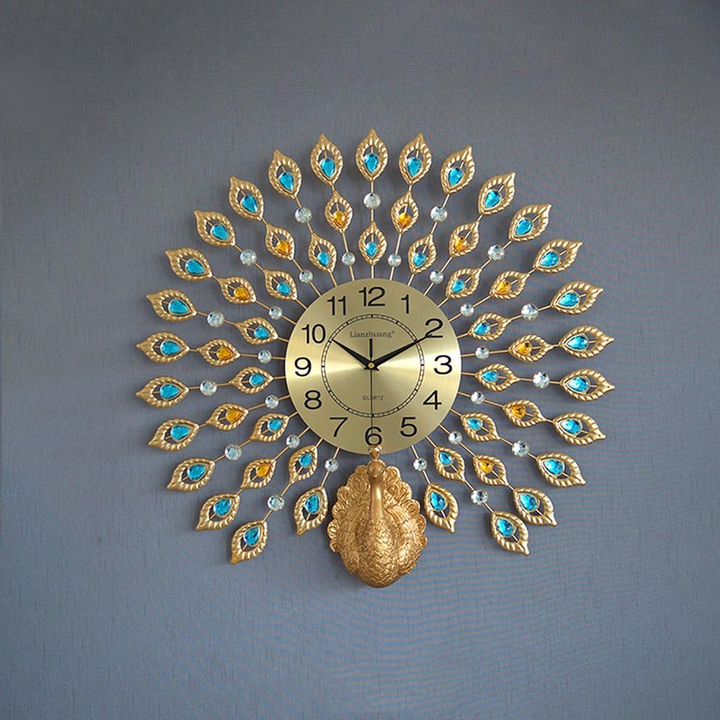 GFL Clocks Creative Peacock Wall Clock Metal Design Wall Art Quartz Clock Living Room Bedroom Restaurant Mute Electronic Clocks（60cm60cm） (Color : A)