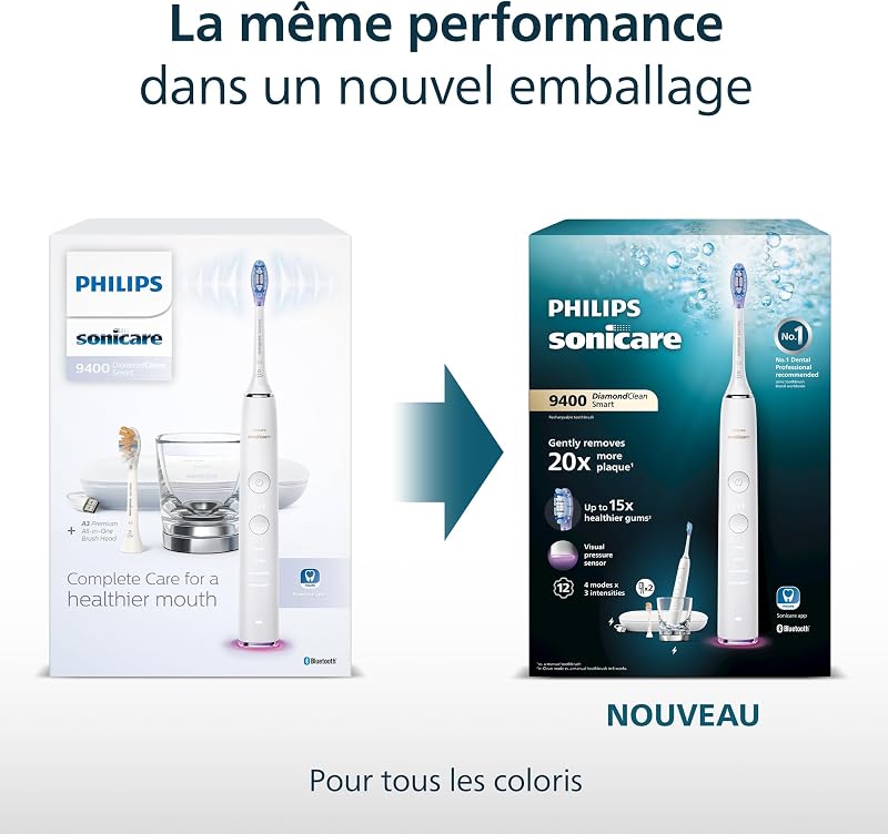 Sonicare DiamondClean Smart 9400 - brosse à dents électrique avec 4 modes de brossage, 3 niveaux d'intensité, capteur de pression, connecté à l’application, noir, modèle HX9918/89