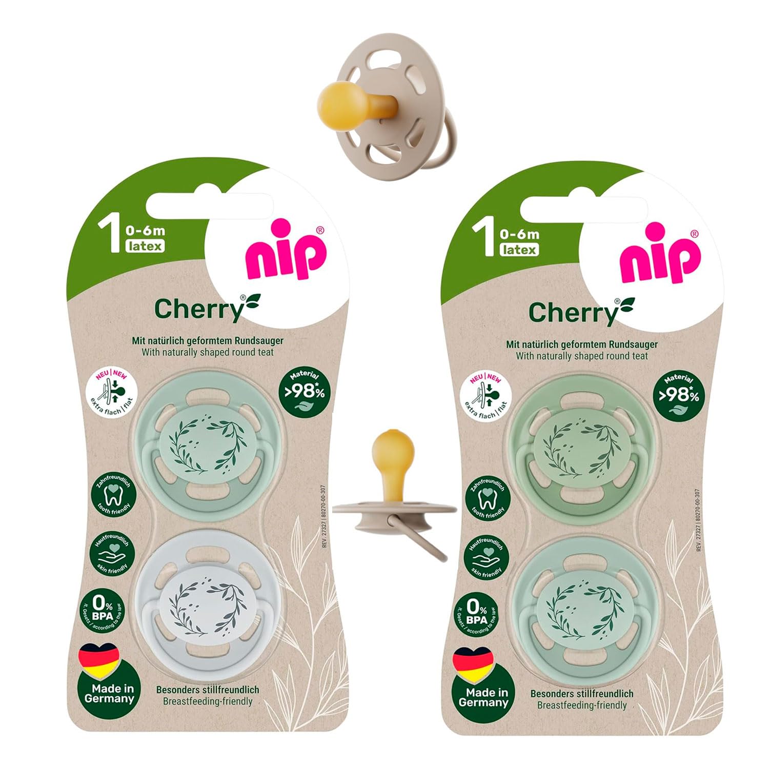 nip® Eco Dummy Cherry Green Soother Size 1 from Birth 0-6 Months, Pack of 4, 94% Renewable raw Materials, 0% BPA