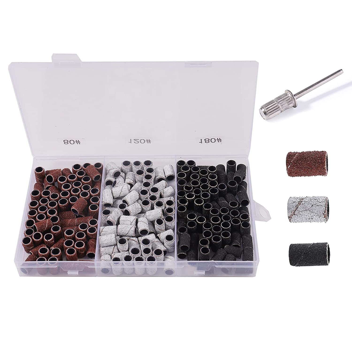 BNG 210pcs Sanding Bands 80/120/180 Grit, E File Band for Nail Drill Manicure Set with Box, Sanding Tape with 1pcs 3/32 inch Drill Bit