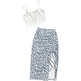 Floerns Women's 2 Piece Outfit Cropped Cami Top Floral Slit Side Drawstring Skirt Set