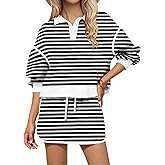 BASQDOV Womens Striped 2 Piece Outfits Long Sleeve Sweatshirt Button V Neck Sweatsuits High Waist Shorts Lounge Sets